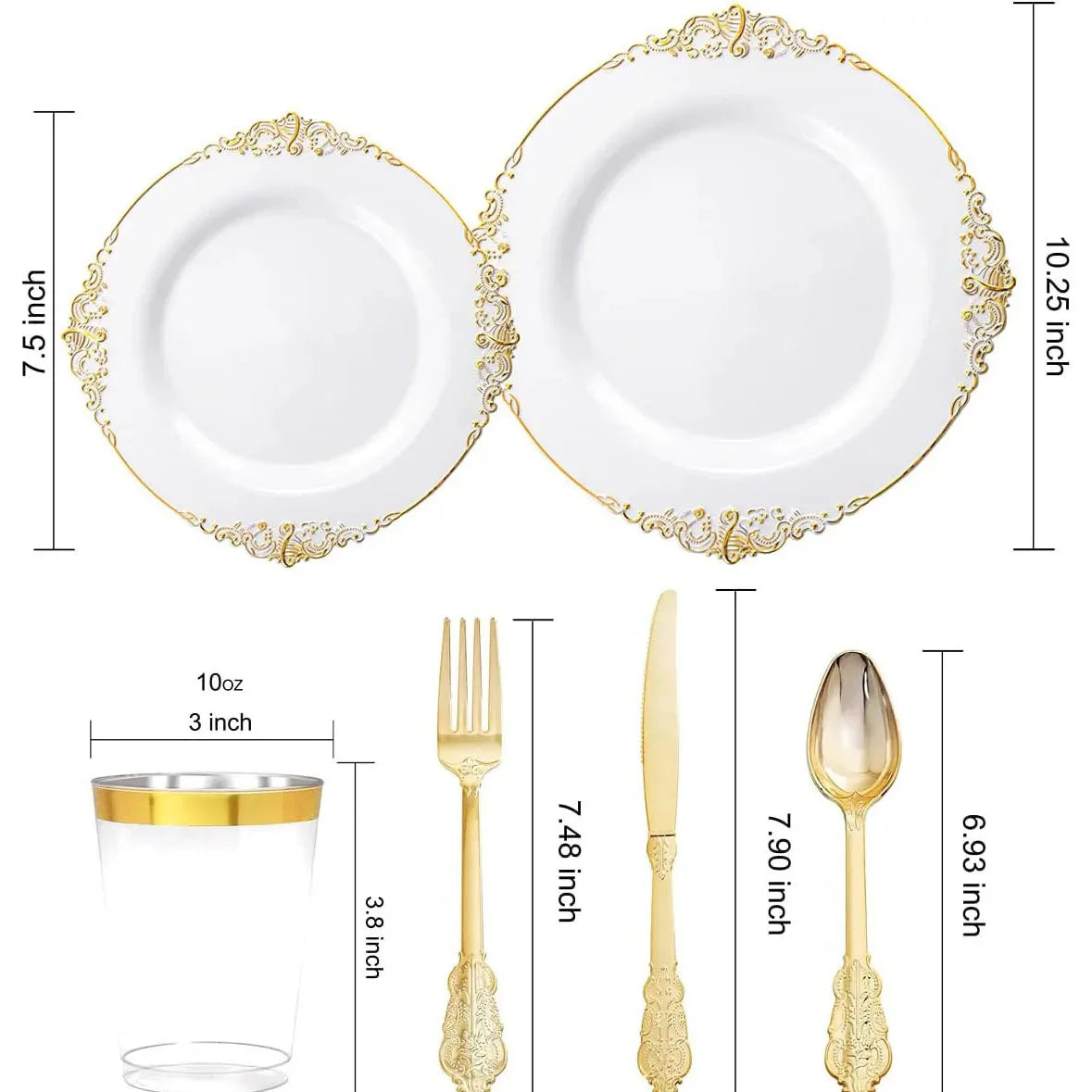 Multi piece set -disposable gold-plated embossed plate with PS hard plastic tableware, knives, forks, spoons for various parties