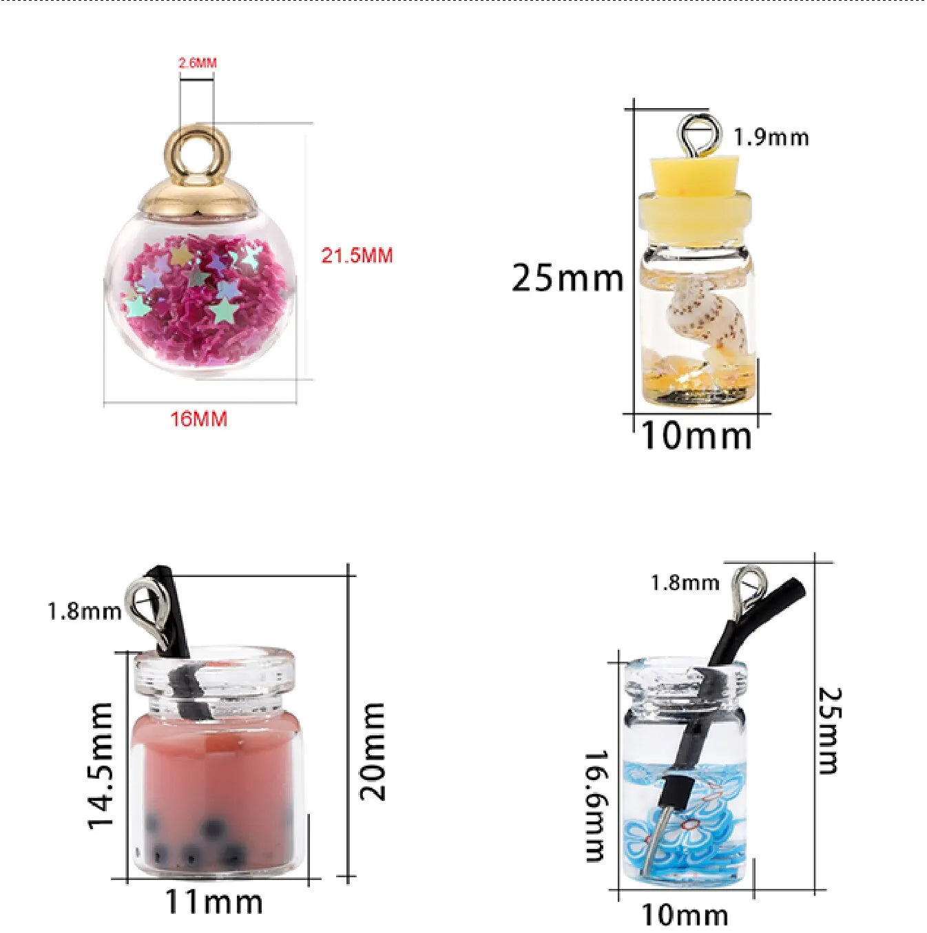 10PCS Glass Bottles Bubble Tea Cup Styles Mix Ball Earring Charms DIY Findings Keychain Bracelets Pendant For Jewelry Making