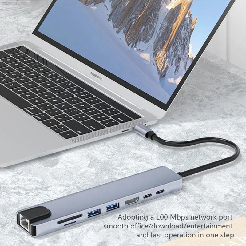 Type C Extender 8 in 1 USB HUB with HDMI Laptop Converter USB C to USB 3.0 2.0 Disk Ethernet Cable Card Reader and Charging Dock