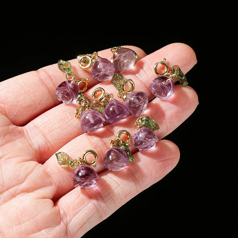 1 Pc Natural Amethyst Rose Flower Shape Copper Buckle Pendant Quality Charm For Jewelry Making Diy Necklace Bracelet Accessory