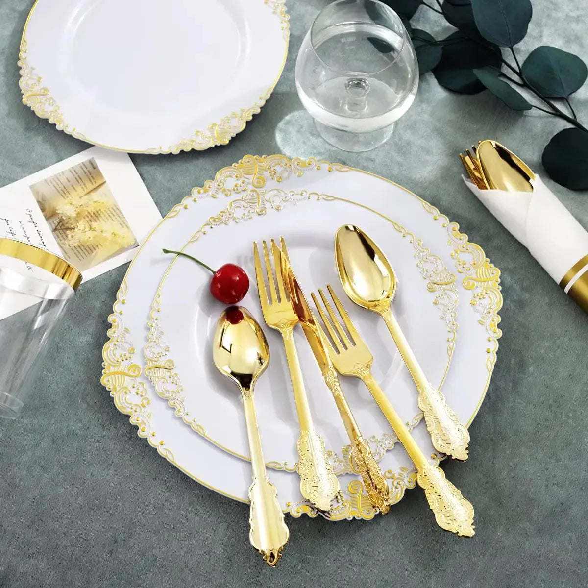 Multi piece set -disposable gold-plated embossed plate with PS hard plastic tableware, knives, forks, spoons for various parties