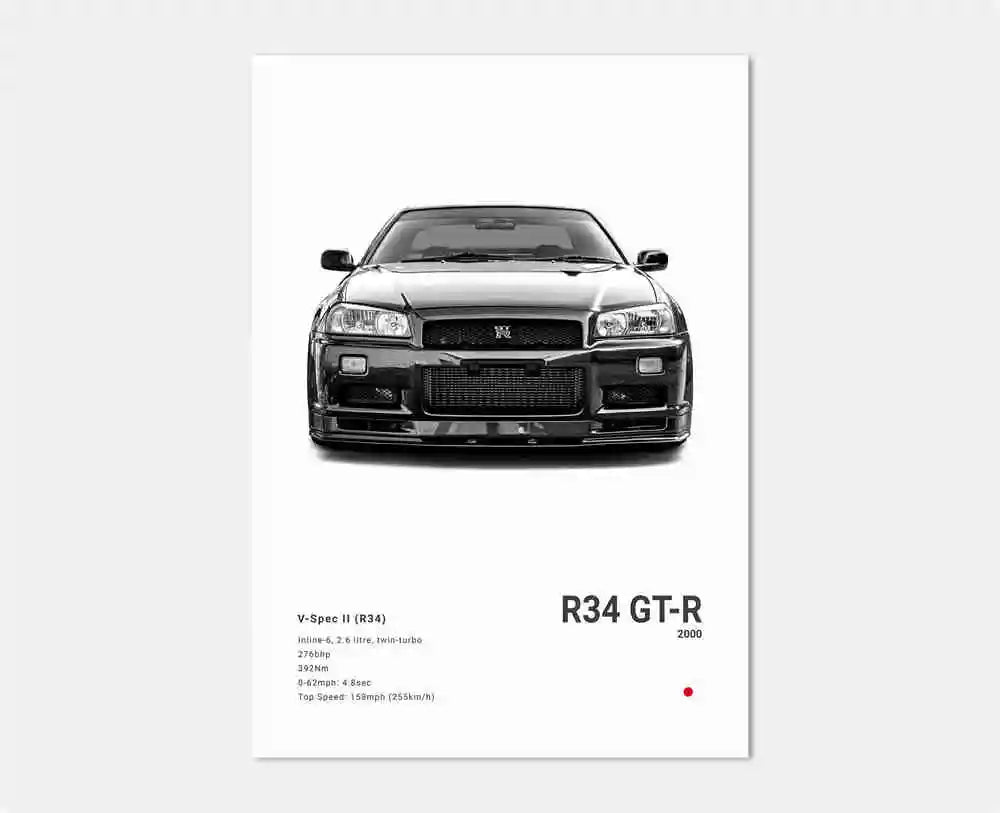 Pop Black and White Japan Cars Luxury Super Sport Car Poster Aesthetic R34 Gtr 240sx Canvas Print for Wall Art Garage Room Decor