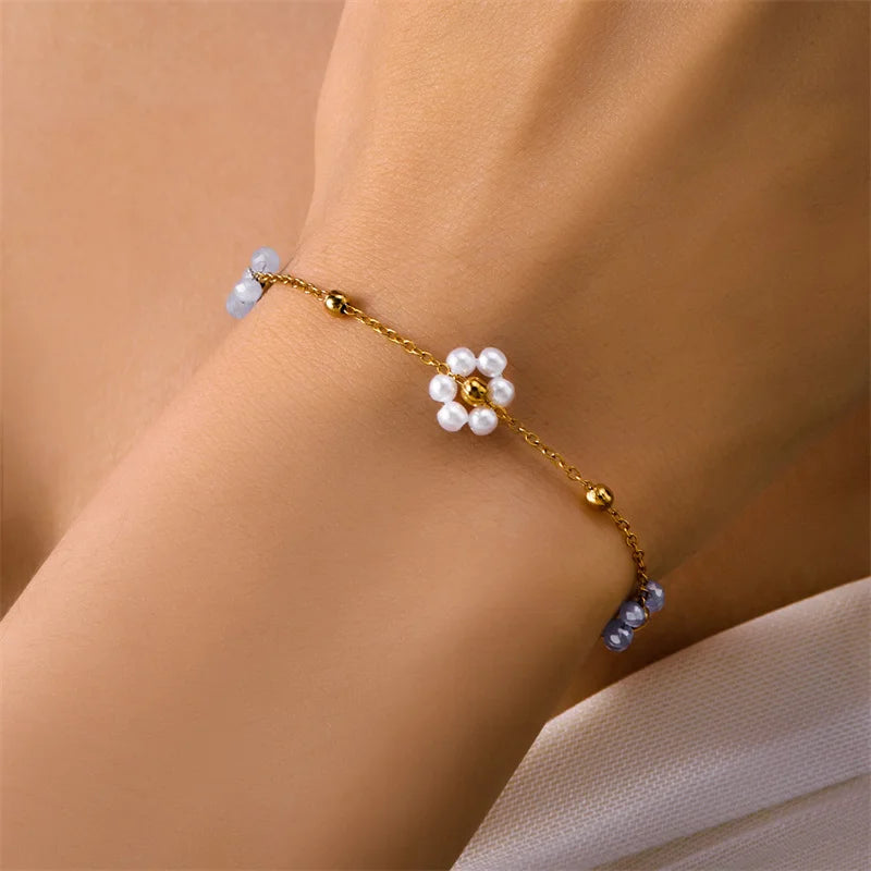 Sweet Cute Crystal Pearl Flower Bracelets for Women Fashion Gold Color Chain Charm Bracelet Necklace Jewelry Wholesale