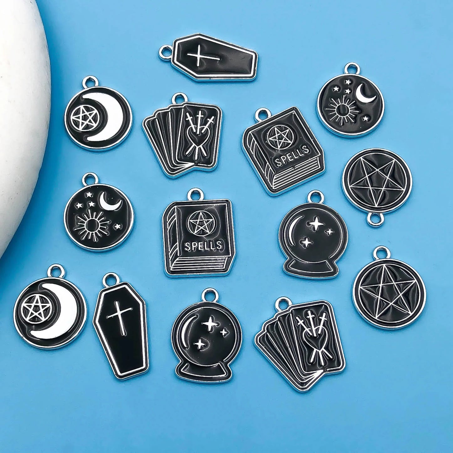 10/14pcs/pack Moon Star Cross Book Charms Enamel Alloy Black Magic Book Magic Ball Pendants For Jewelry Making Earring Bracelet