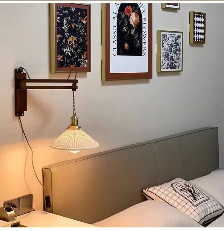 Vintage foldable solid wood walnut wood wall lamp wabi-sabi Japanese brass ceramic homestay bedroom bedside wall lamp