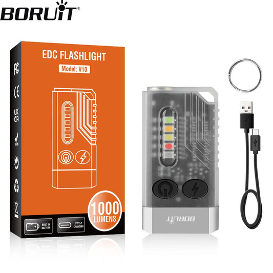 BORUiT V10 EDC Keychain Flashlight Portable Mini Torch Type-C Rechargeable Work Light With Magnet UV Beep Camping Pocket Lantern