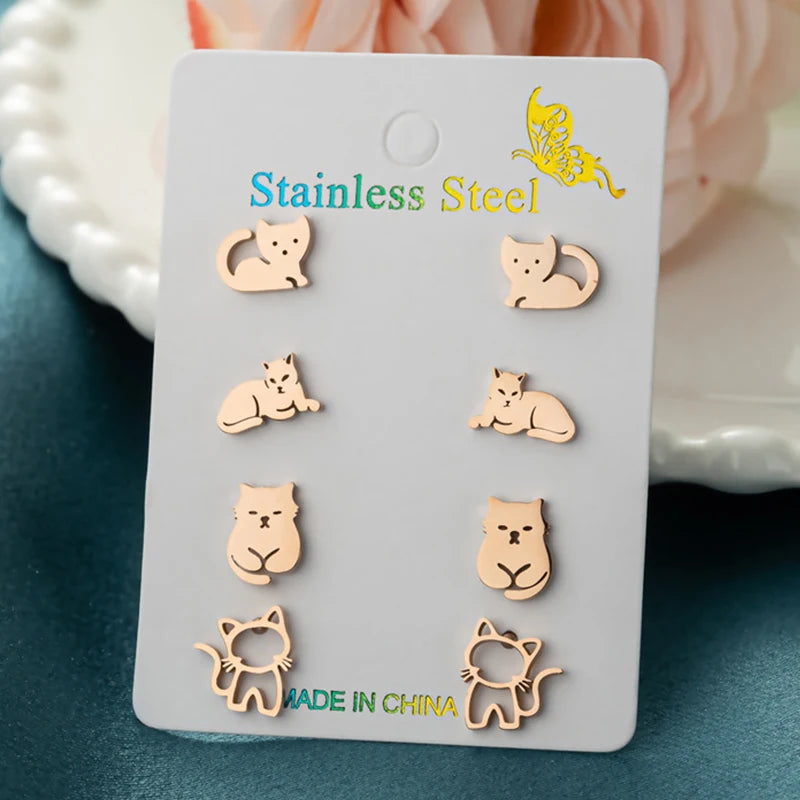 4Pairs/Lot Lovely Stainless Steel Cat Stud Earrings for Women Girl Fashion Happy Kitty Earings Dog Paw Ear Jewelry Piercing Gift