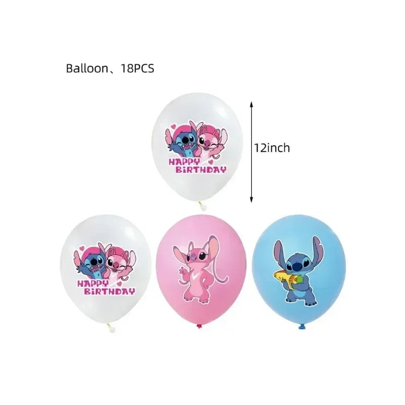 Disney Children's Party Decoration Pink Cartoon Interstellar Stitch Angel Series Disposable Tableware Flag Balloon