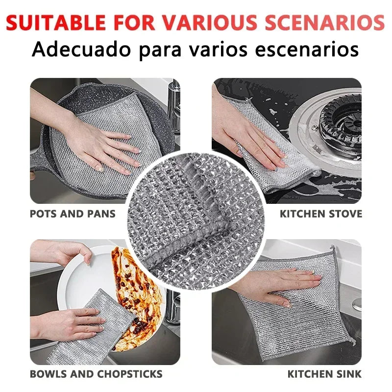 Magic Dishcloth Silver Wire Cleaning Kitchen Cloth Goods Thickened Microfiber Wash Towel Built-in Sponge Steel Wire Ball Rag