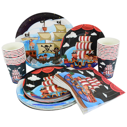 Pirate Party Theme Disposable Tableware Sets Birthday Party Decorations For Kids Plate Napkins Cup Banner Baby Shower Decor