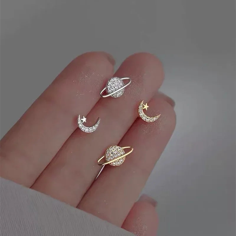 Simple Zircon Star Moon Planet Stud Earrings for Women Gold/Silver Color Asymmetry Ear Pendants Fashion Jewelry