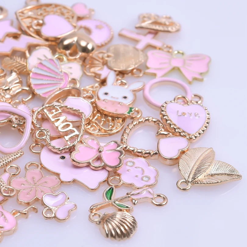 Enamel Alloy Heart Leaves Mushroom Pink Gold Color Charms Shell Starfish diy Women Bracelet jewelry making Mix Pendant Accessory