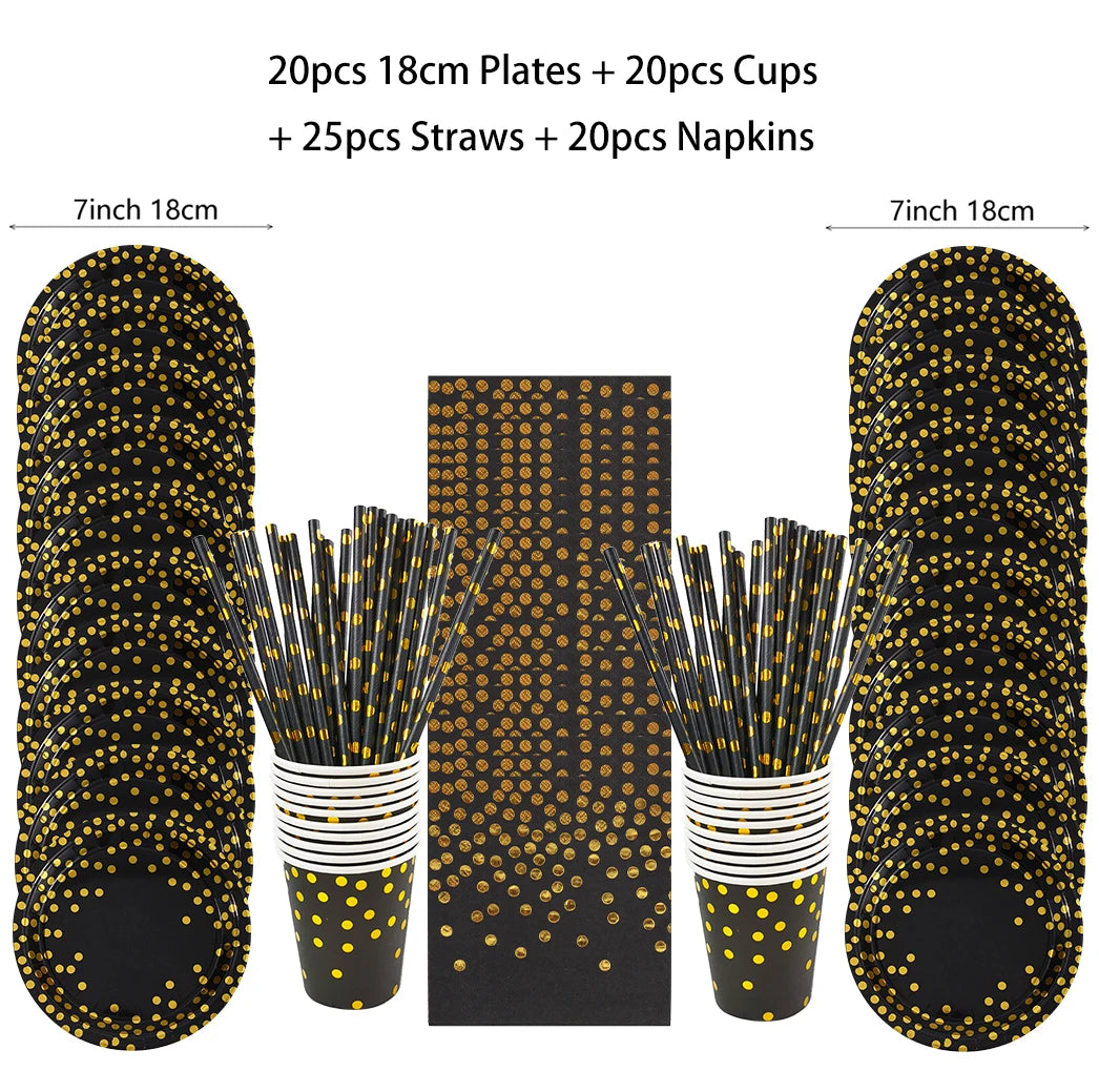 Black Gold Birthday Disposable Tableware Set Paper Plates Cups Napkins Tablecloth Adult Happy Birthday Party Decoration Wedding