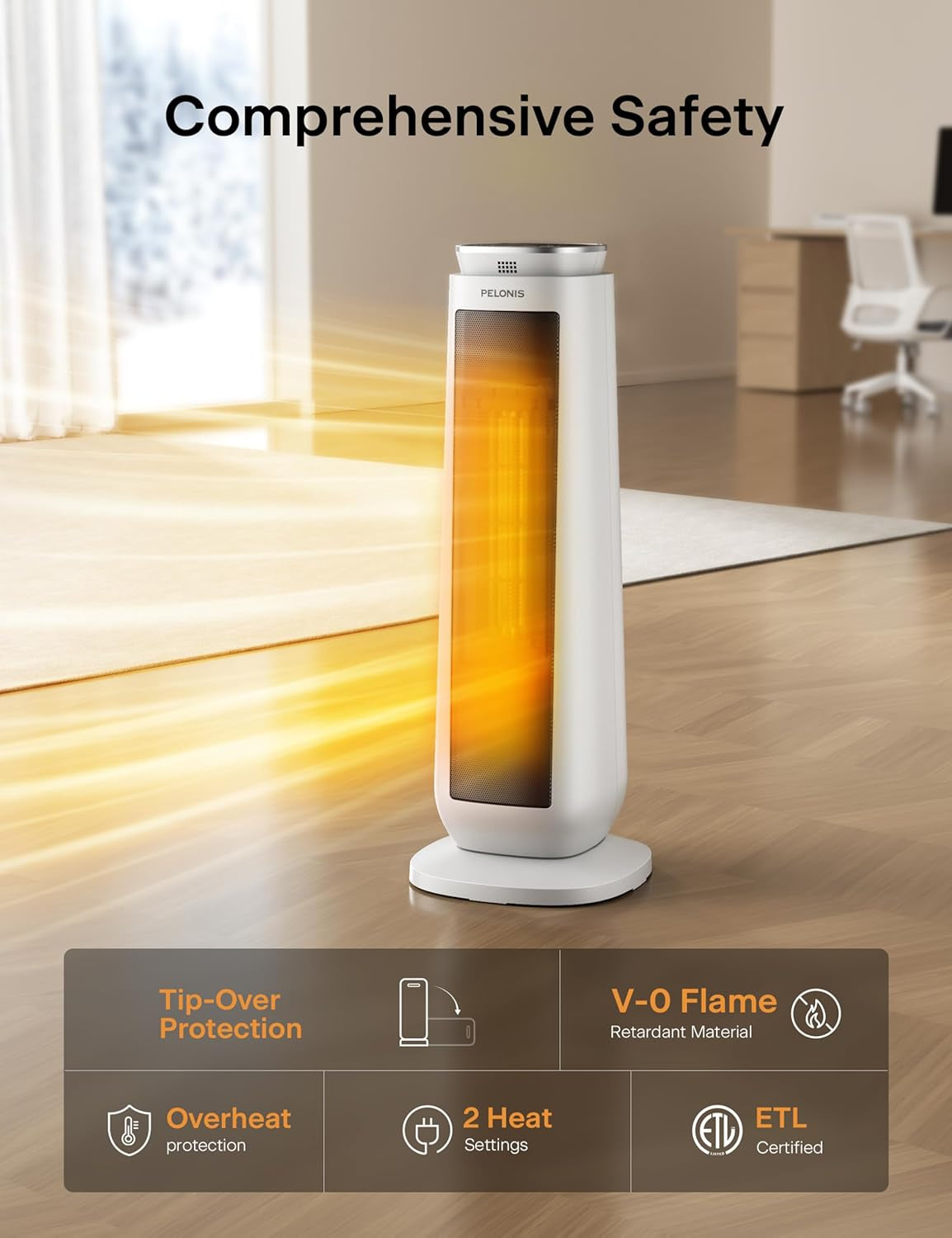 23” Oscillating Ceramic Tower Space Heater with Remote & Thermostat, Electric Energy Efficient Floor Heater for Indoor Use Large Room Safe with Timer, ECO Mode, 1500W, White