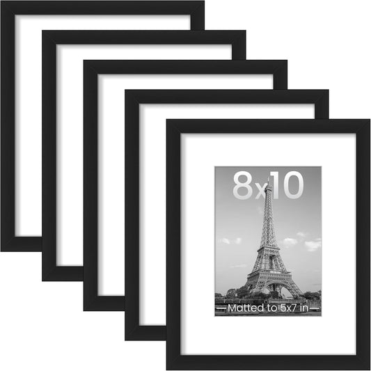 8X10 Picture Frame Set of 5, Display Pictures 5X7 with Mat or 8X10 without Mat, Wall Gallery Photo Frames, Black