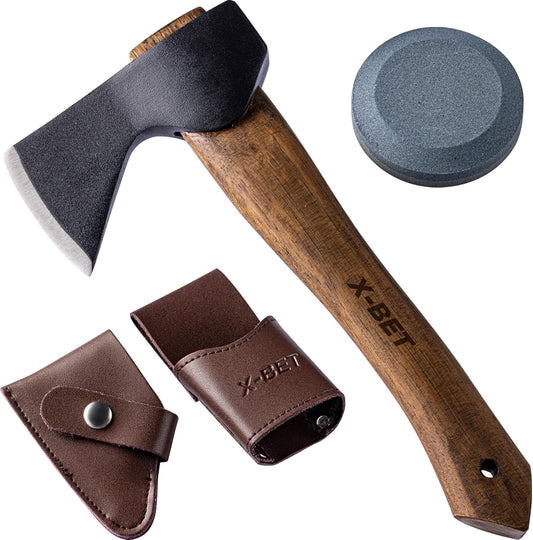 X-Bet 12" Hand-Forged Hatchet Axe with Sheath and Sharpener - Camping Axe, Bushcraft and Survival Hatchet Spring Steel Blade - Small Axe Perfect for Wood Carving, Cutting, Splitting and Gardening