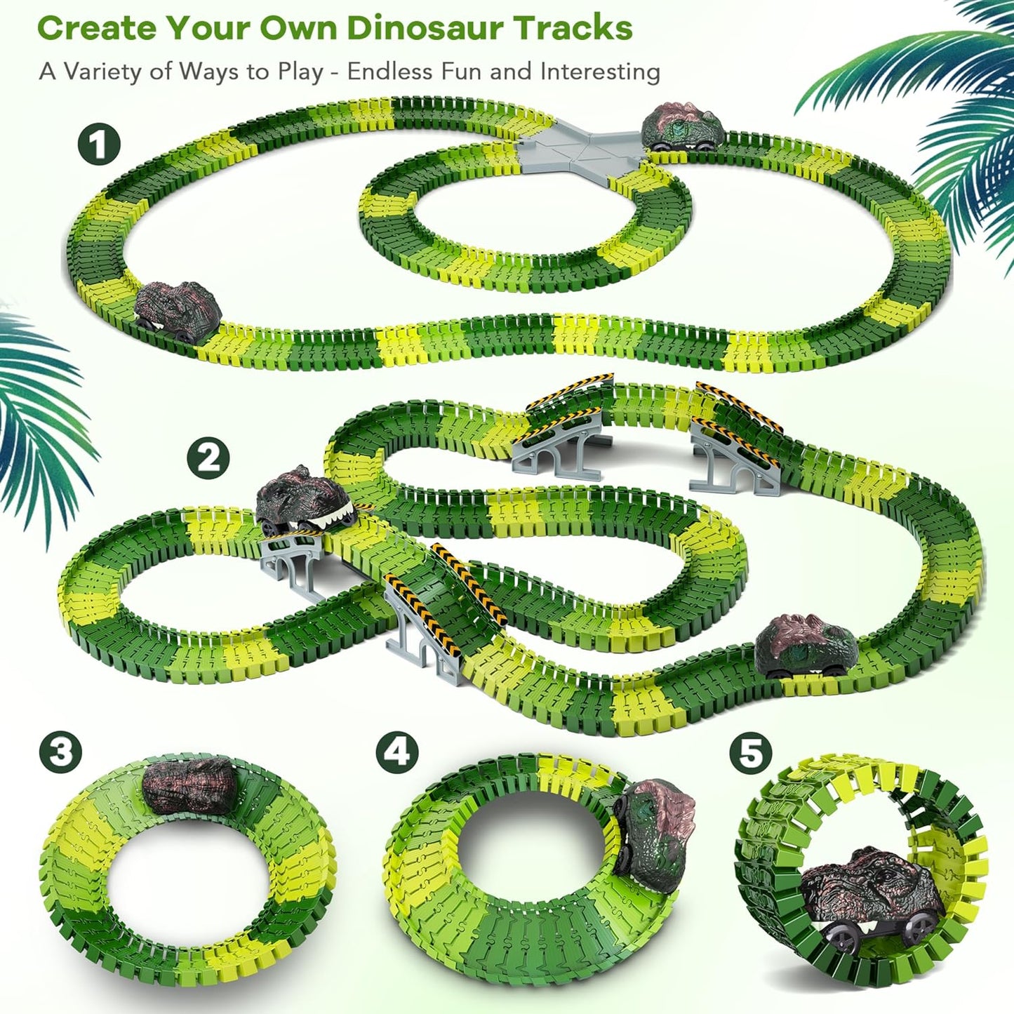 Dinosaur Toys, 252 PCS Create a Dinosaur World Road Race Tracks, Flexible Track Playset, 2Pcs Dinosaur Car for 3 4 5 6 Year Old Boys Girls Birthday Party Favor Gift