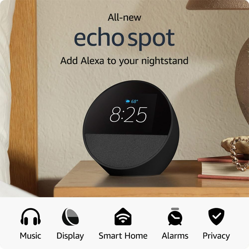 All-New  Echo Spot (Newest Model), Great for Nightstands, Offices and Kitchens, Smart Alarm Clock with Alexa and No Visual Ads, Black