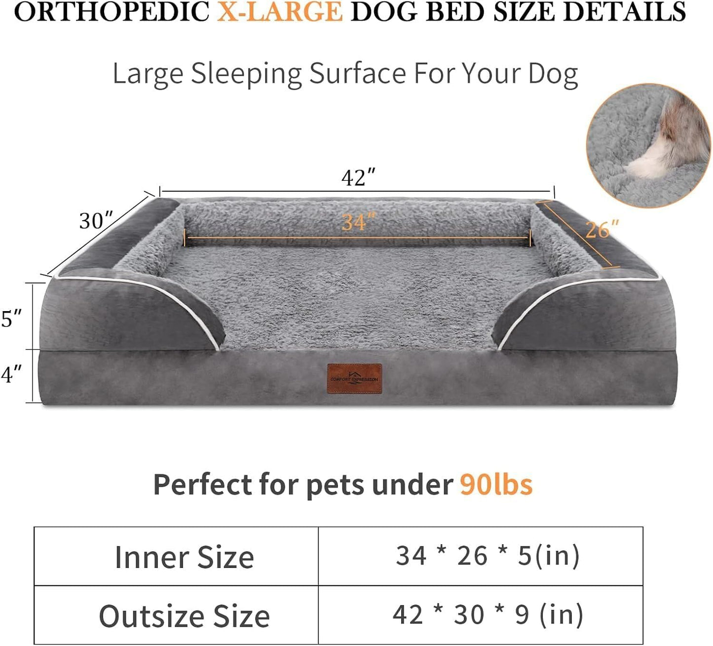 Waterproof Orthopedic Foam Dog Beds for Extra Large Dogs, XL Dog Bed with Bolster, Washable Dog Bed Sofa Pet Bed with Removable Cover & Non-Slip Bottom(X-Large,Grey)