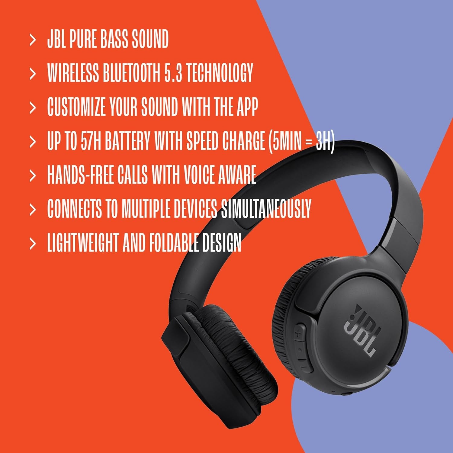 Tune 520BT - Wireless On-Ear Headphones, up to 57H Battery Life and Speed Charge, Lightweight, Comfortable and Foldable Design, Hands-Free Calls with Voice Aware (Black)