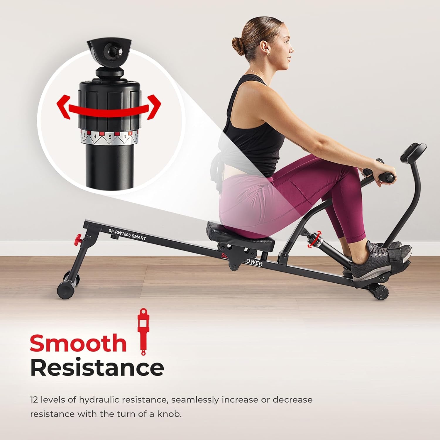 Compact Adjustable Rowing Machine with 12 Levels of Resistance for Complete Body Workouts and Optional Free Sunnyfit App Enhanced Connectivity