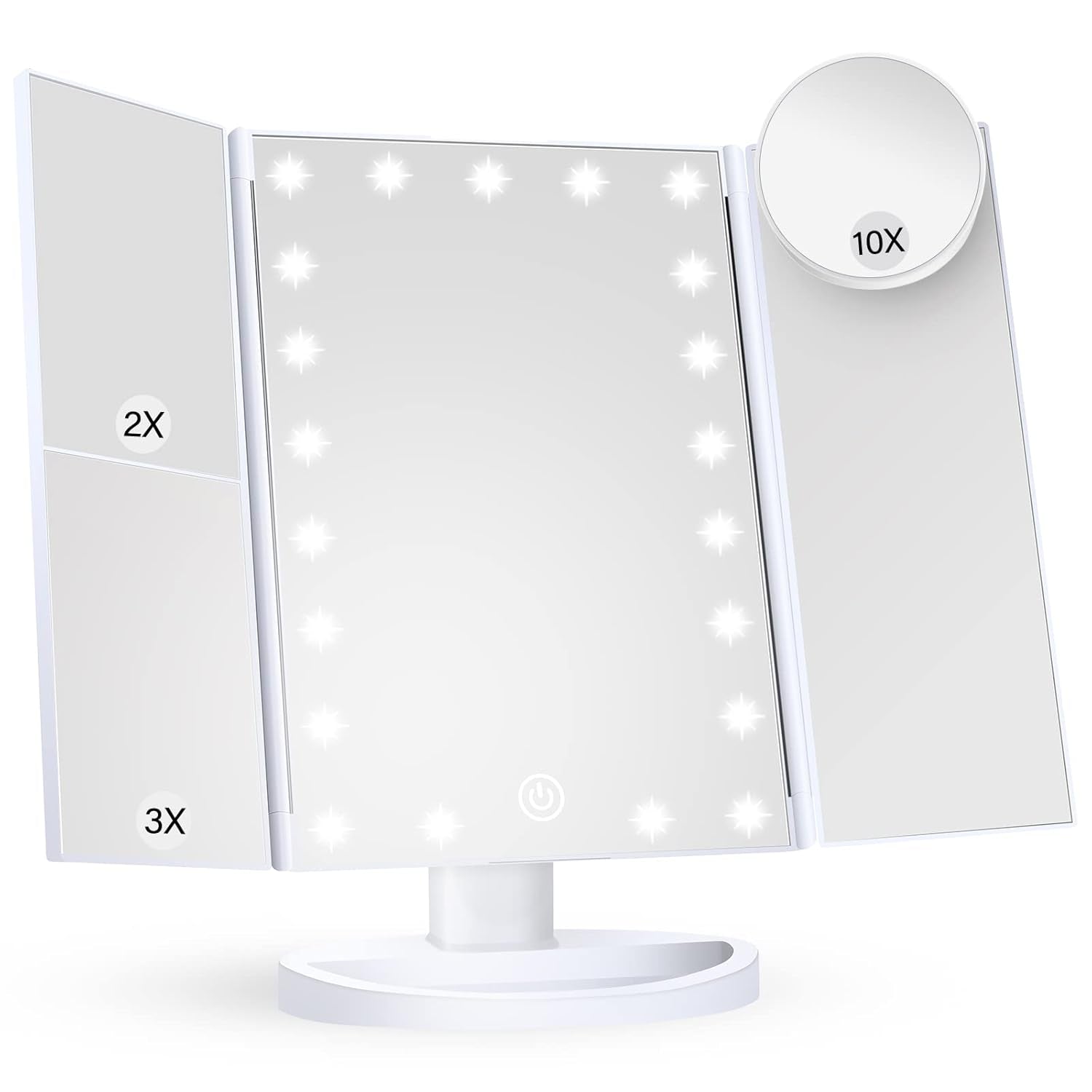 Makeup Mirror Vanity Mirror with Lights, 2X 3X 10X Magnification, Lighted Makeup Mirror, Touch Control, Trifold Makeup Mirror, Dual Power Supply, Portable LED Makeup Mirror, Women Gift (White)