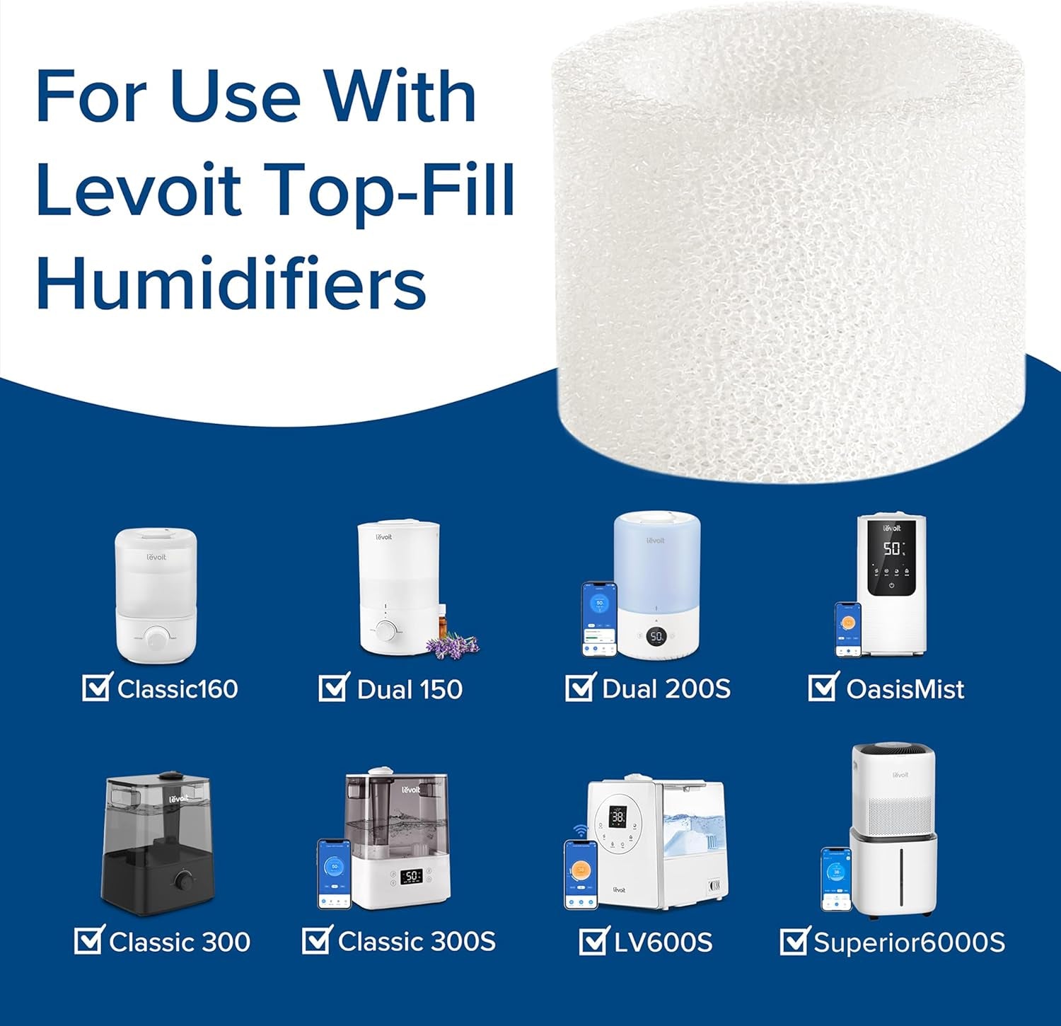 10-Pack Top Fill Humidifier Replacement Filters, Capture Particles to Improve Humidification Efficiency, for Classic160, Dual150, Dual200S, Classic300(S), LV600S, Oasismist450S, Superior6000S