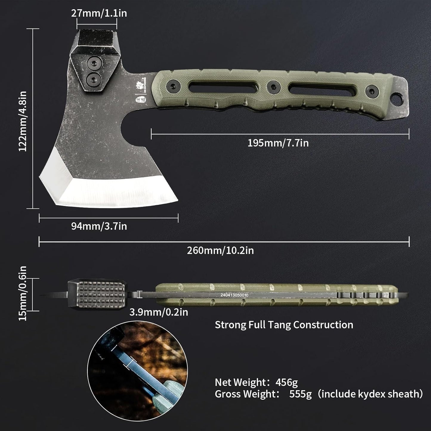 HX Outdoors Multifunctional Splitting Axe, Small Survival Camping Tactical Wood Hatchet, Mini Camp Bushcraft Hand Axes with Hammer and Kydex Sheath (Army Green)