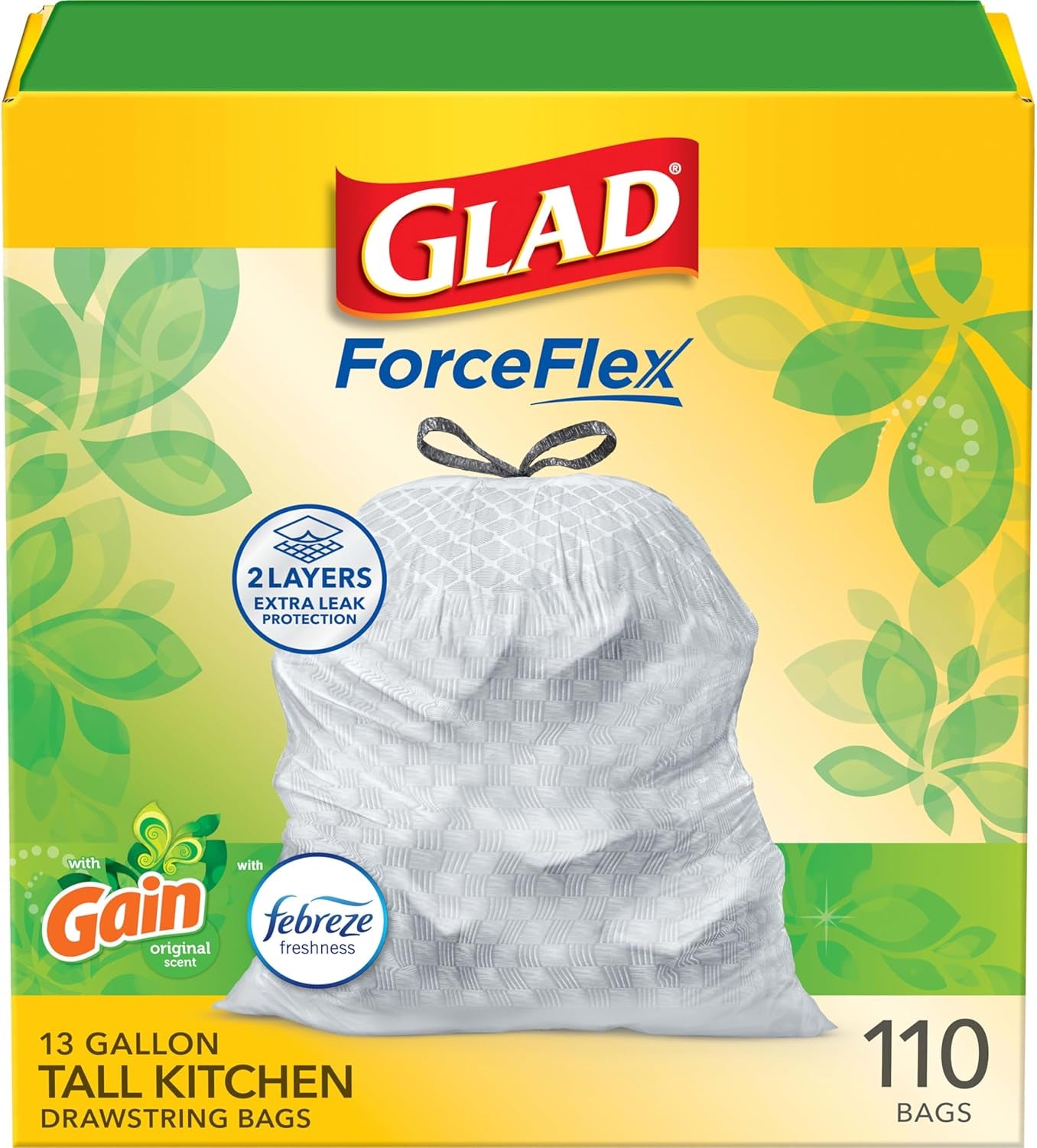 Forceflex Tall Kitchen Trash Bags, 13 Gal, Gain Original with Febreze, 110 Ct (Pack May Vary)