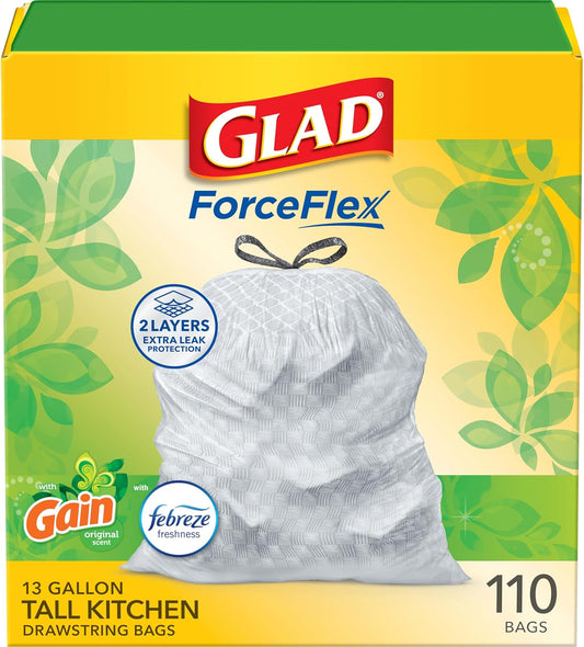 Forceflex Tall Kitchen Trash Bags, 13 Gal, Gain Original with Febreze, 110 Ct (Pack May Vary)