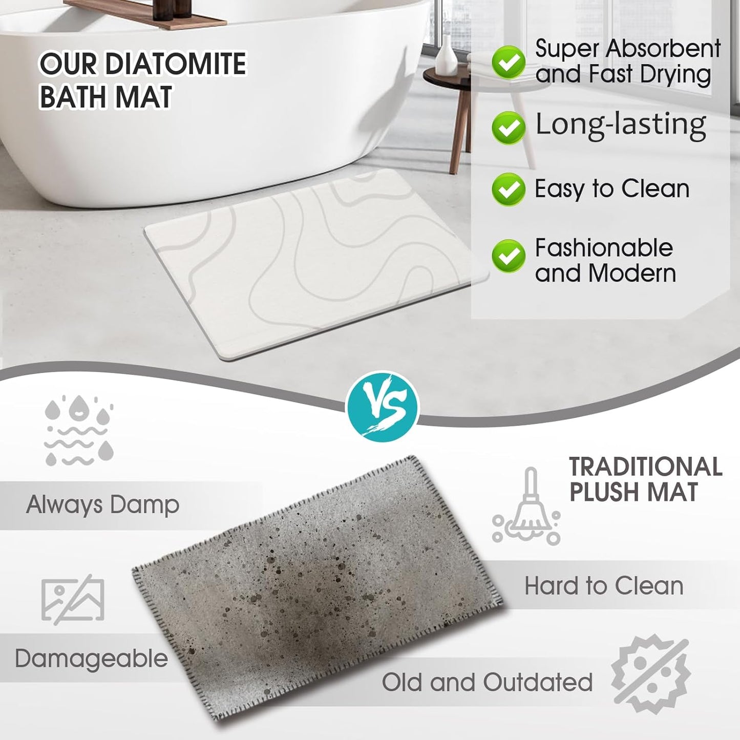 Stone Bath Mat Diatomaceous Earth Shower Mat Stone Super Absorbent Diatomite Stone Bath Mats for Bathroom Quick-Drying Non-Slip Barhroom Floor Mat, Easy to Clean (24 * 16'')