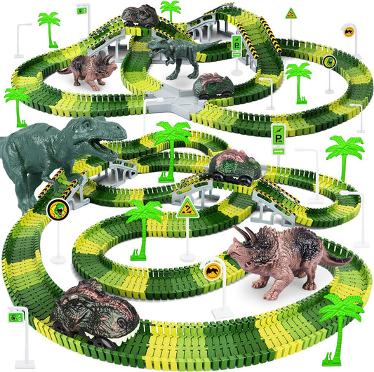 Dinosaur Toys, 252 PCS Create a Dinosaur World Road Race Tracks, Flexible Track Playset, 2Pcs Dinosaur Car for 3 4 5 6 Year Old Boys Girls Birthday Party Favor Gift