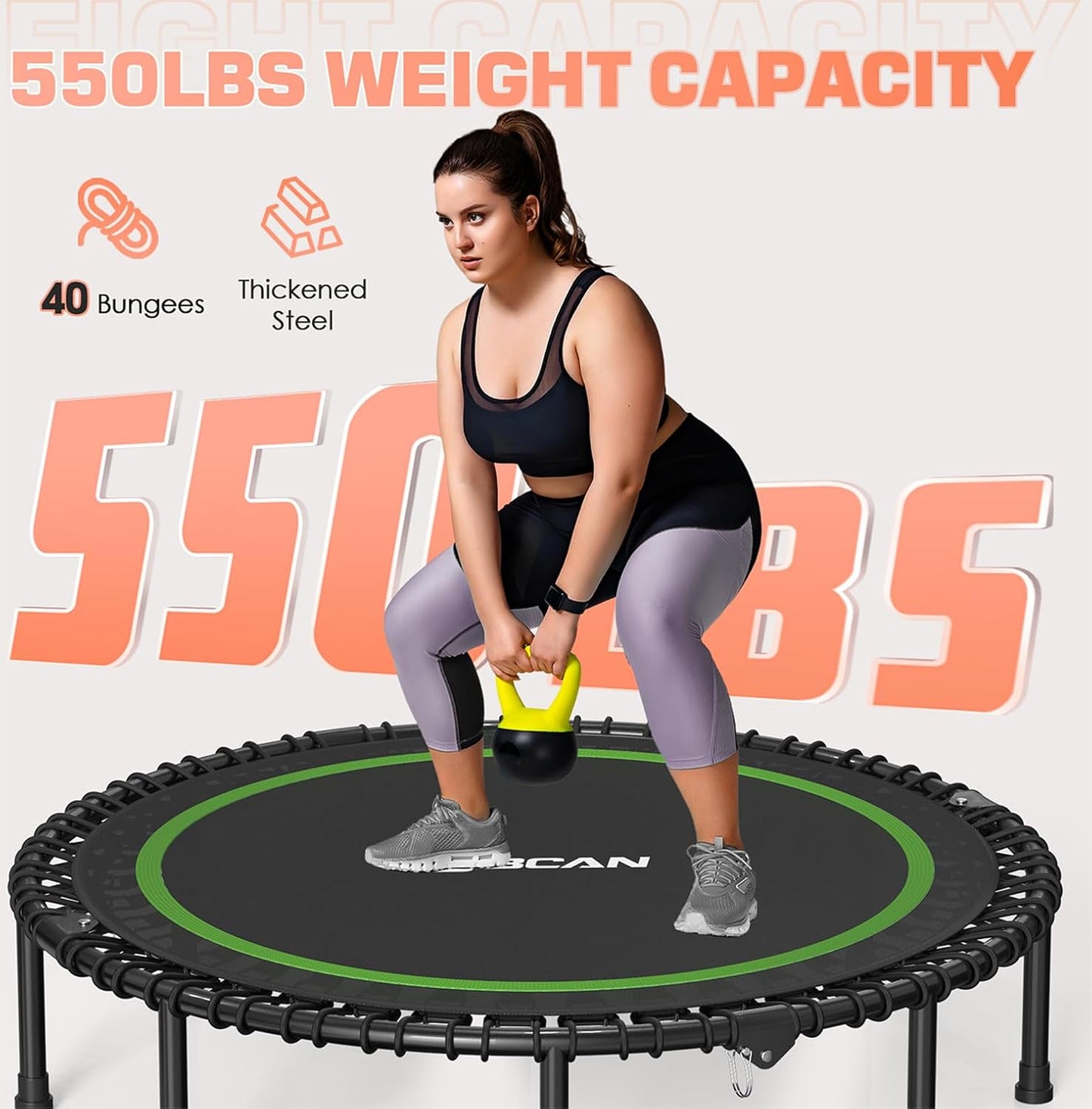 450/550 LBS Foldable Mini Trampoline, 40"/48" Fitness Trampoline with Bungees, U Shape Adjustable Foam Handle, Stable & Quiet Exercise Rebounder for Kids Adults Indoor/Garden Workout