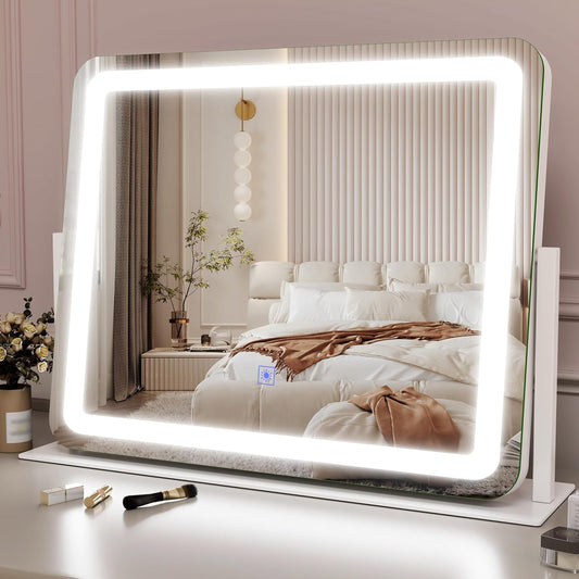 Vanity Mirror Makeup Mirror with Lights, Large Lighted Vanity Mirror, Light up Mirror with Smart Touch 3 Colors Dimmable, Tabletop Mirror for Makeup Desk, 360° Rotation, 22" X 19", White