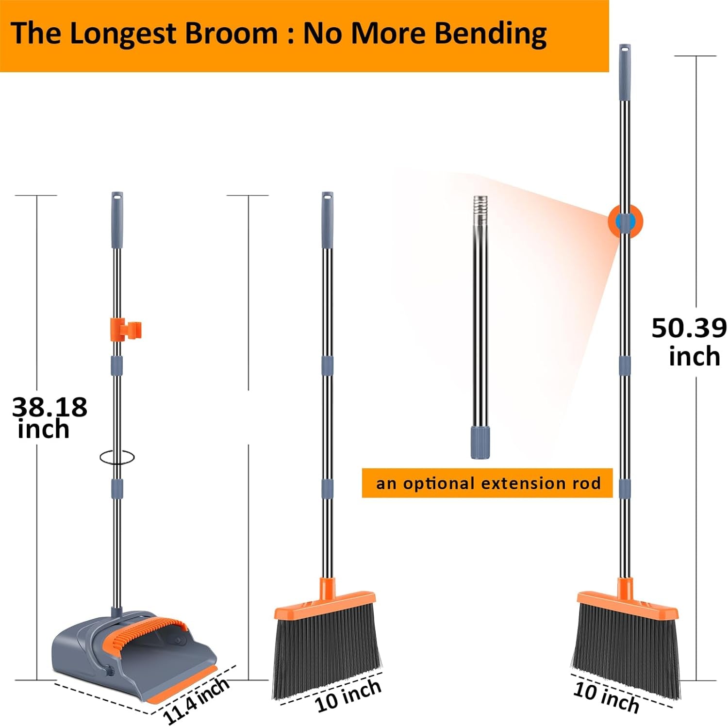 Upgrade Broom and Dustpan Set, Self-Cleaning with Dustpan Teeth, Indoor&Outdoor Sweeping, Ideal for Dog Cat Pets Home Use, Stand up Broom and Dustpan (Gray&Orange)