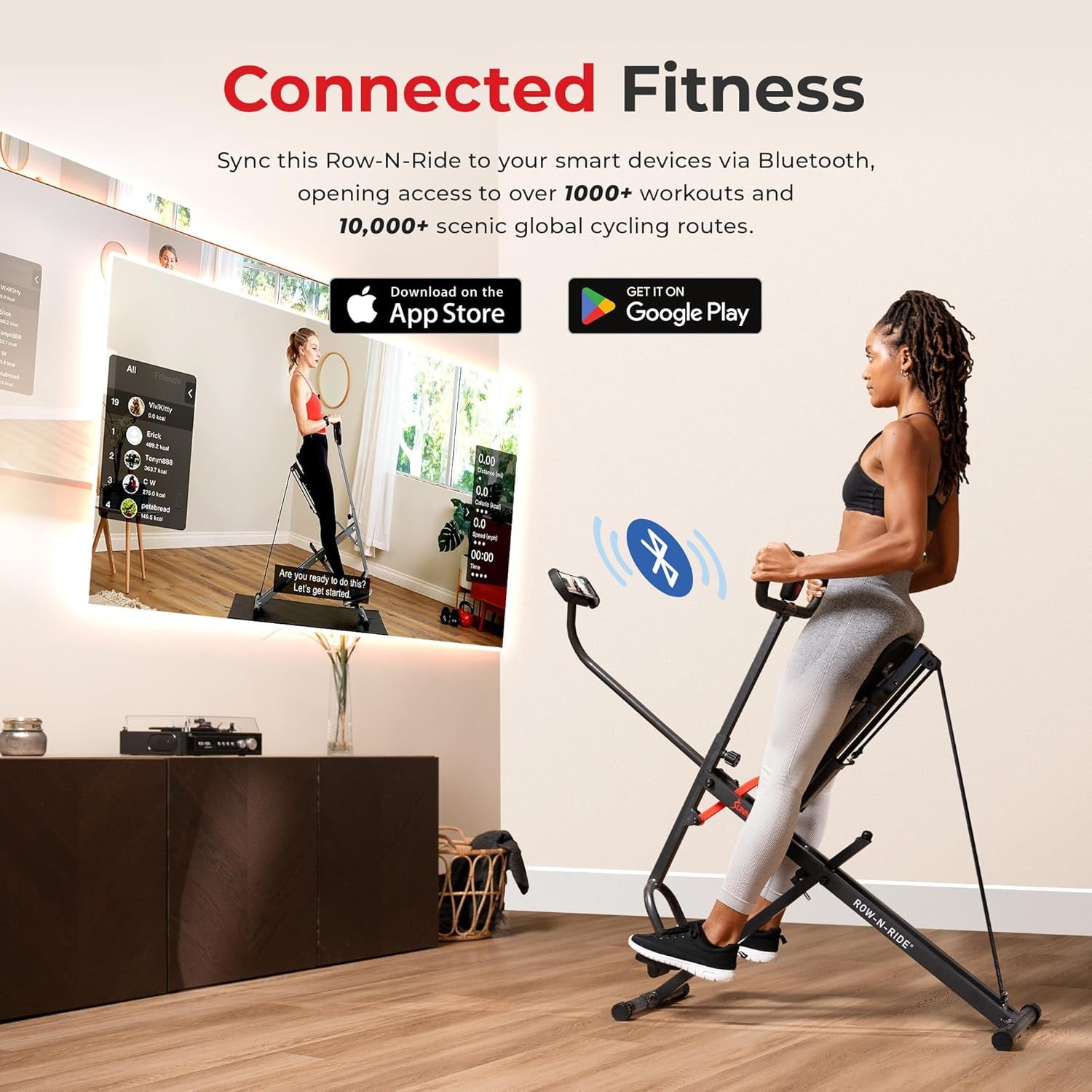 Smart Upright Row-N-Ride Trainer W/Adjustable Resistance, Foldable Home Exercise Equipment for Arm, Glute & Leg Training, Free Sunnyfit App Bluetooth Connect, Optional in Colors