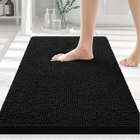 Luxury Chenille Bath Rug 30''X20'', Extra Soft and Absorbent Shaggy Bathroom Mat Rugs, Machine Washable, Non-Slip Plush Carpet Runner for Tub, Shower, and Bath Room, Black