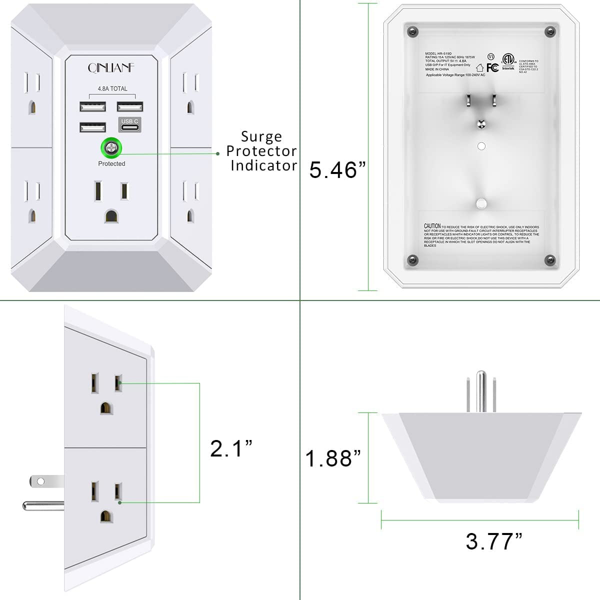 Wall Charger, Surge Protector,  5 Outlet Extender with 4 USB Charging Ports (4.8A Total) 3-Sided 1680J Power Strip Multi Plug Adapter Spaced for Home Travel Office (3U1C)