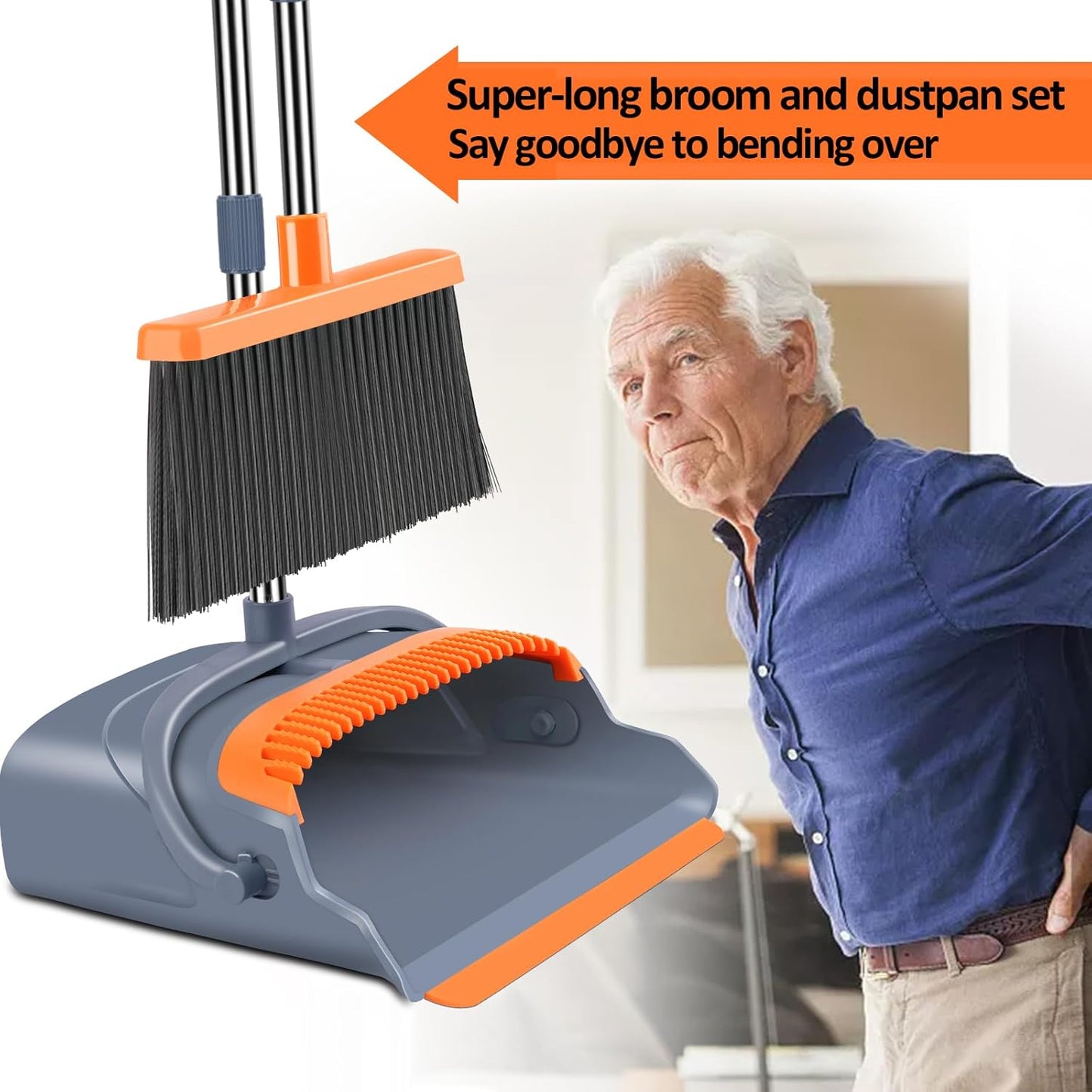 Upgrade Broom and Dustpan Set, Self-Cleaning with Dustpan Teeth, Indoor&Outdoor Sweeping, Ideal for Dog Cat Pets Home Use, Stand up Broom and Dustpan (Gray&Orange)