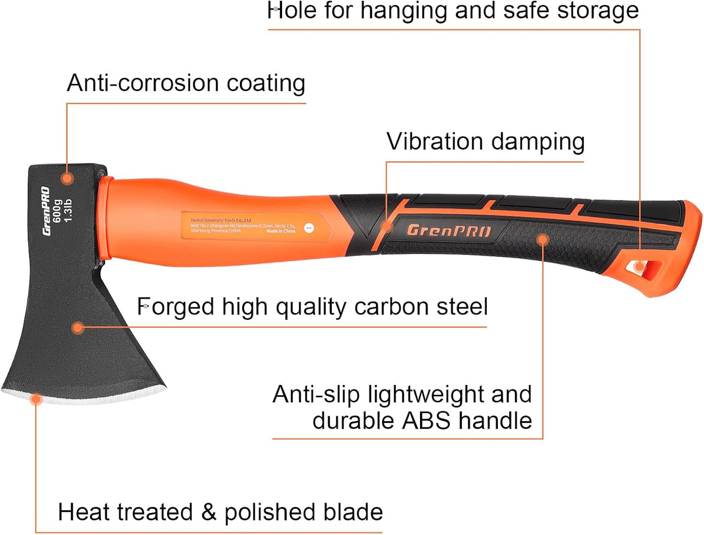 Hatchet Axe with Sheath, 15" Camping Hatchet for Wood Splitting and Kindling, Forged Carbon Steel Heat Treated Chopping Axe Handle with Anti-Slip Grip Orange