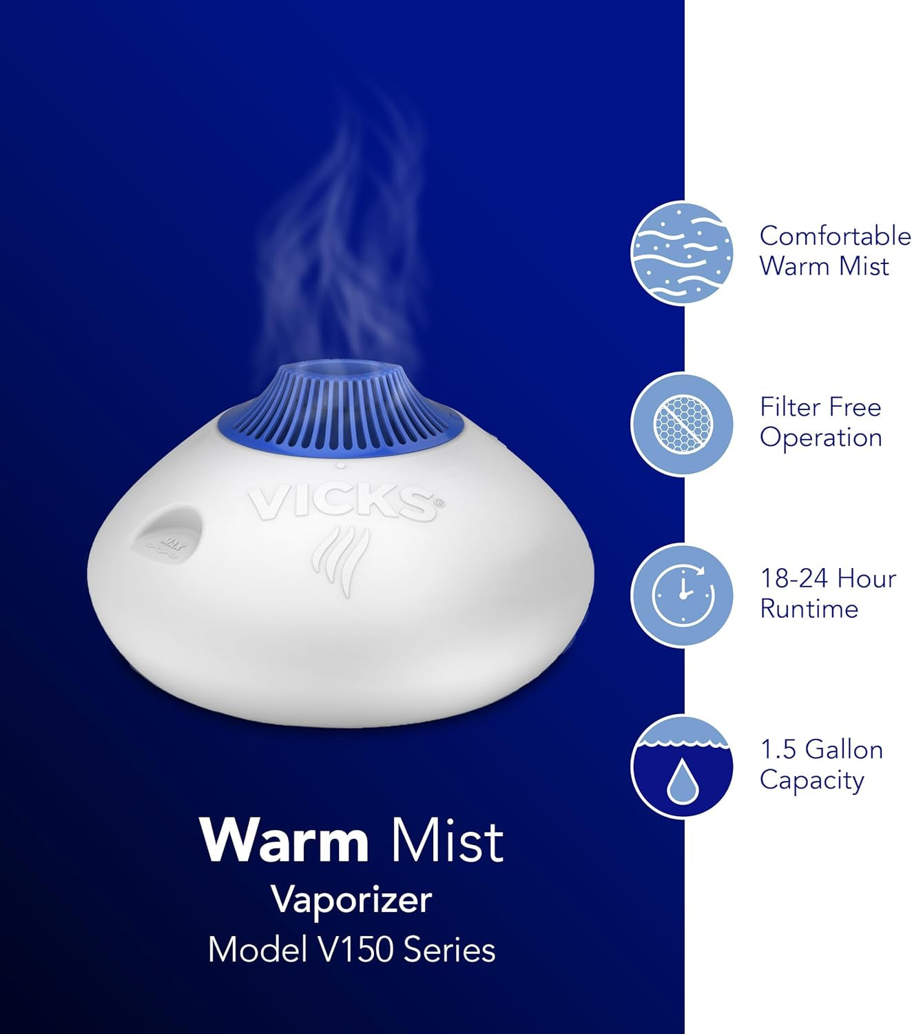 Warm Steam Vaporizer, Small to Medium Rooms, 1.5 Gallon Tank – Warm Mist Humidifier for Baby and Kids Rooms with Night Light, Works with  Vapopads and Vaposteam