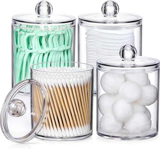 4 Pack Acrylic Qtip Holder Dispenser for Cotton Swabs, Balls, Pads, Floss Picks- Small Clear Plastic Canister Apothecary Jar Set, Bathroom Essentials Accessories Decor, Vanity Makeup Storage Organizer