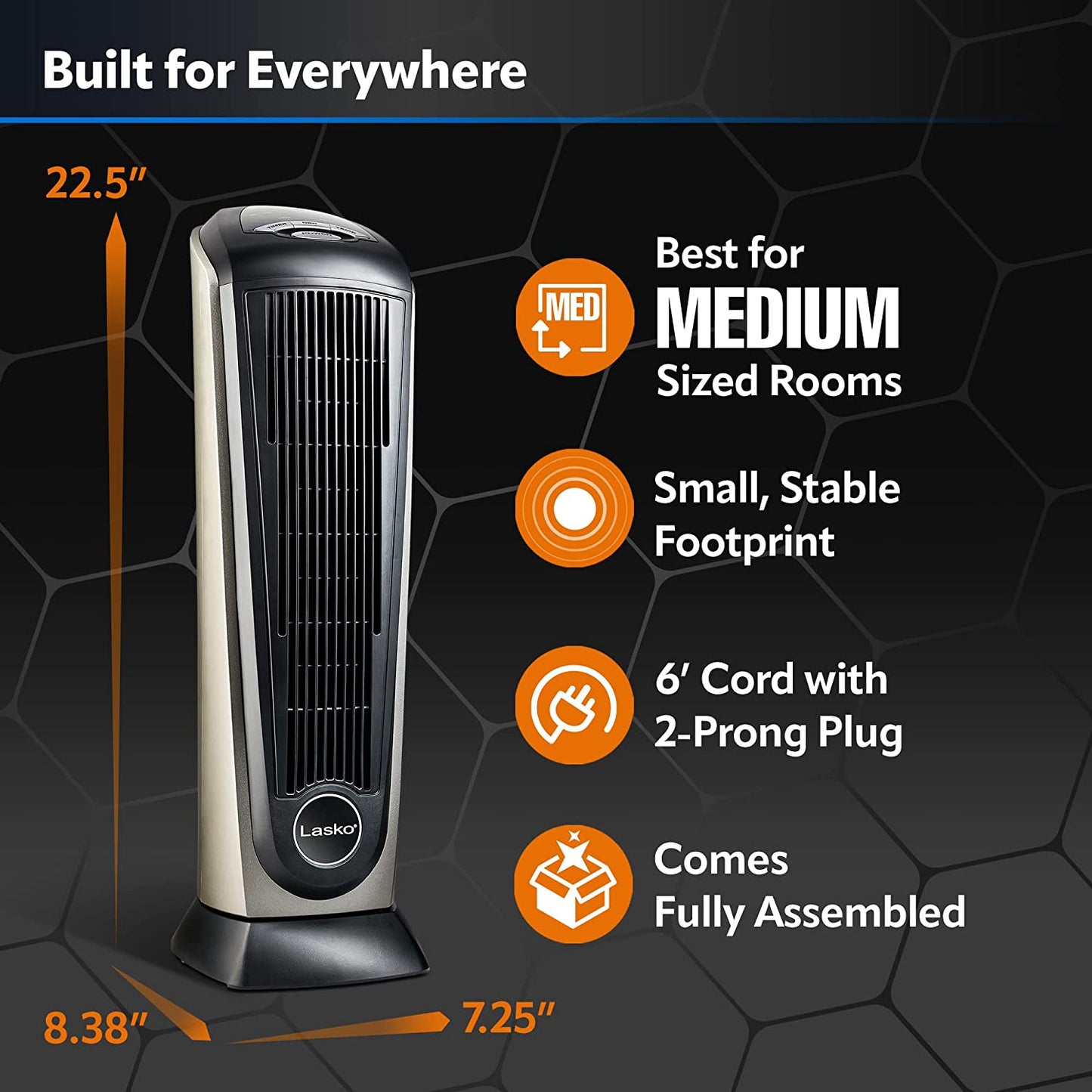 Oscillating Ceramic Tower Space Heater for Home with Adjustable Thermostat, Timer and Remote Control, 22.5 Inches, Grey/Black, 1500W, 751320