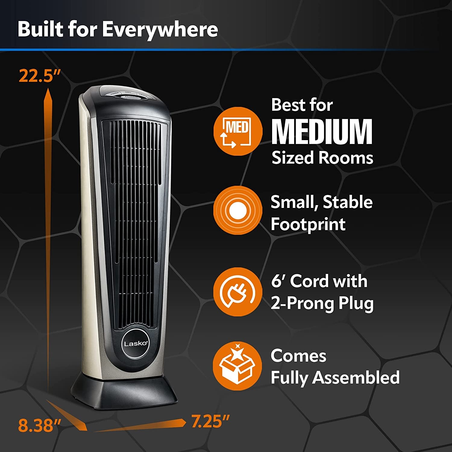 Oscillating Ceramic Tower Space Heater for Home with Adjustable Thermostat, Timer and Remote Control, 22.5 Inches, Grey/Black, 1500W, 751320