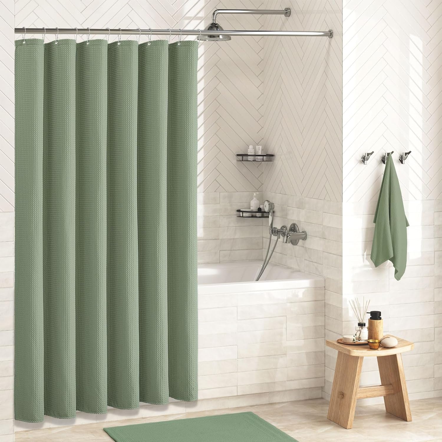 Sage Green Shower Curtain - Waffle Textured Heavy Duty Thick Fabric Shower Curtains for Bathroom, 256GSM Luxury Weighted Polyester Cloth Bath Curtain Set with 12 Plastic Hooks，72Wx72H,Green