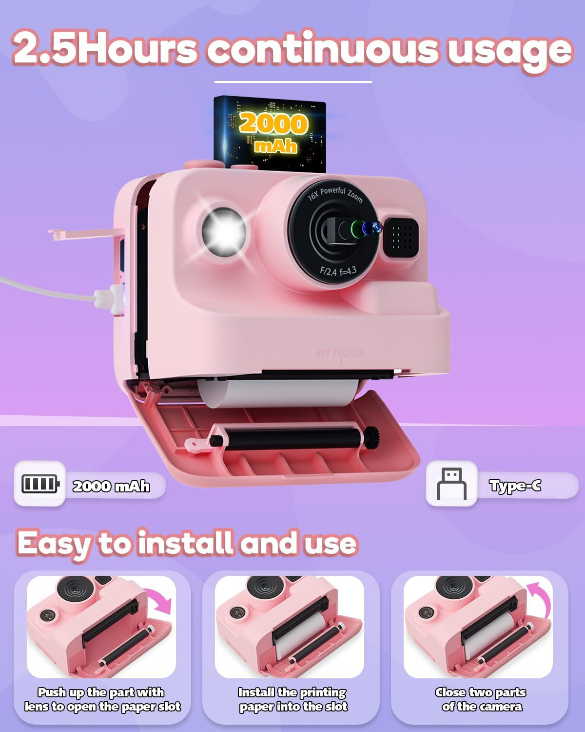 Kids Camera Instant Print,1080P Kids Instant Cameras That Print Photos,Christmas Birthday Gifts for Girls Age 3-12,Portable Toy for 3 4 5 6 7 8 9 10 Year Old Girls Boys Pink