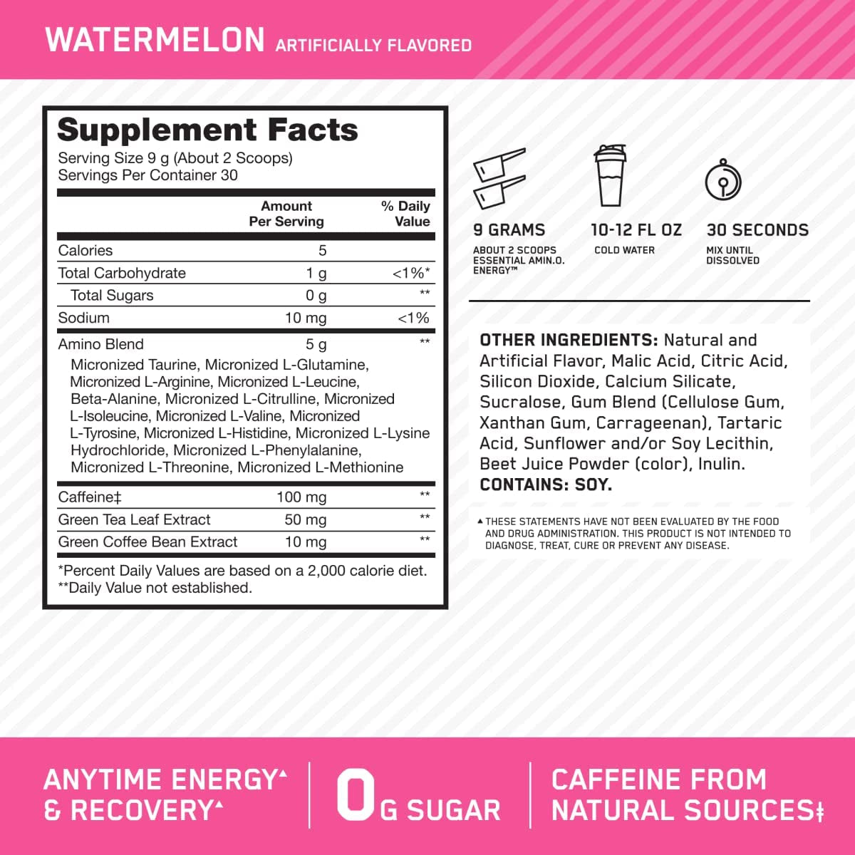 Amino Energy - Pre Workout with Green Tea, BCAA, Amino Acids, Keto Friendly, Green Coffee Extract, Energy Powder - Watermelon, 30 Servings (Packaging May Vary)