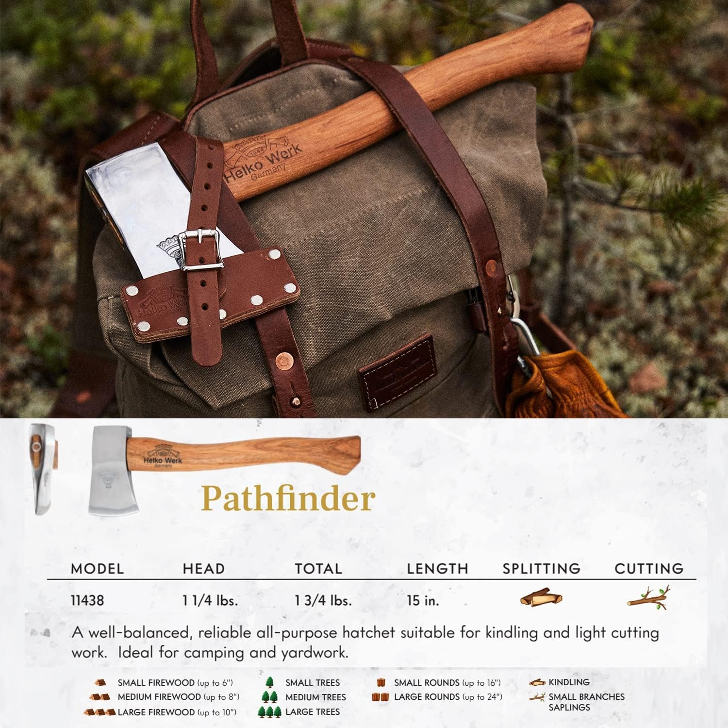 Classic Pathfinder Hatchet - Made in Germany Camping Hatchet, Bushcraft, Survival, Backpacking, Small Lightweight Hatchet - Head 1.25 Lbs, Handle 15 In. (Pathfinder) #11438