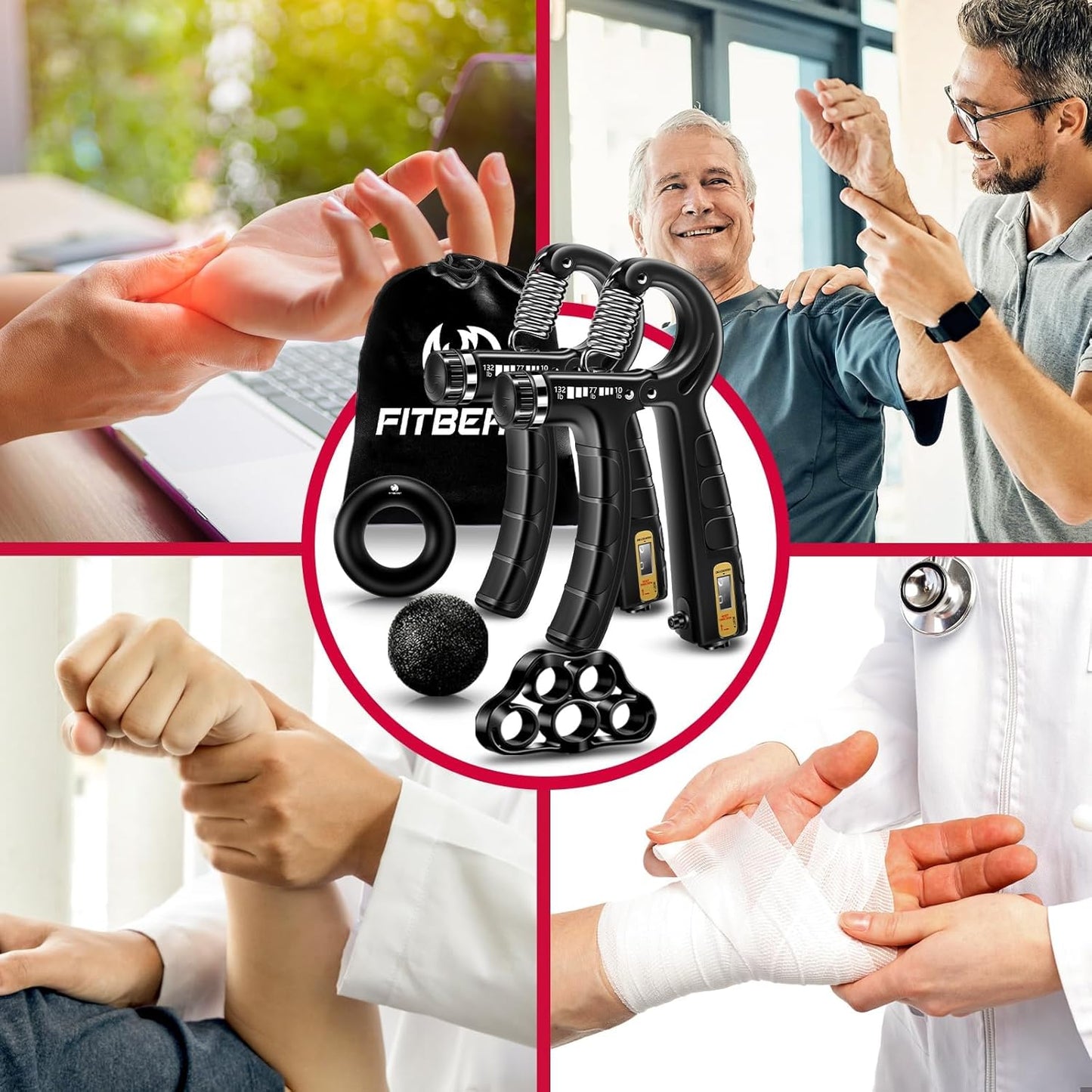 Hand Grip Strengthener Workout Kit (5 Pack), 2 Forearm Grip Adjustable Resistance Hand Gripper, Finger Stretcher, Grip Ring & Stress Relief Grip Ball for Athletes