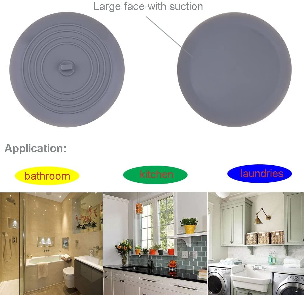 Tub Stopper 2 Pack, 6 Inches Large Silicone Drain Plug Hair Stopper Flat Suction Cover for Kitchen Bathroom Accessories and Laundry